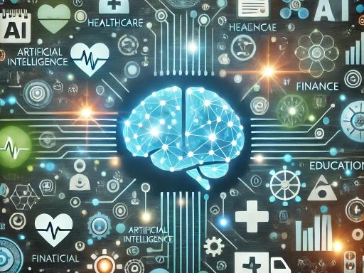 An abstract representation of artificial intelligence with various icons symbolizing different sectors such as healthcare, finance, and education.