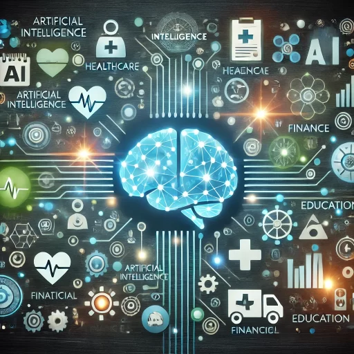 An abstract representation of artificial intelligence with various icons symbolizing different sectors such as healthcare, finance, and education.