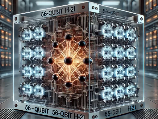 A sleek and modern quantum computer with glowing 56-qubit H2-1 components in a high-tech laboratory.