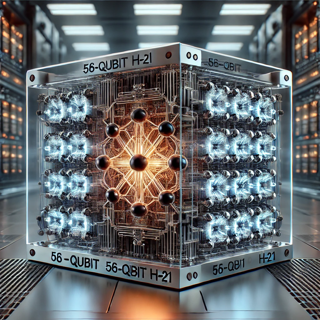 A sleek and modern quantum computer with glowing 56-qubit H2-1 components in a high-tech laboratory.